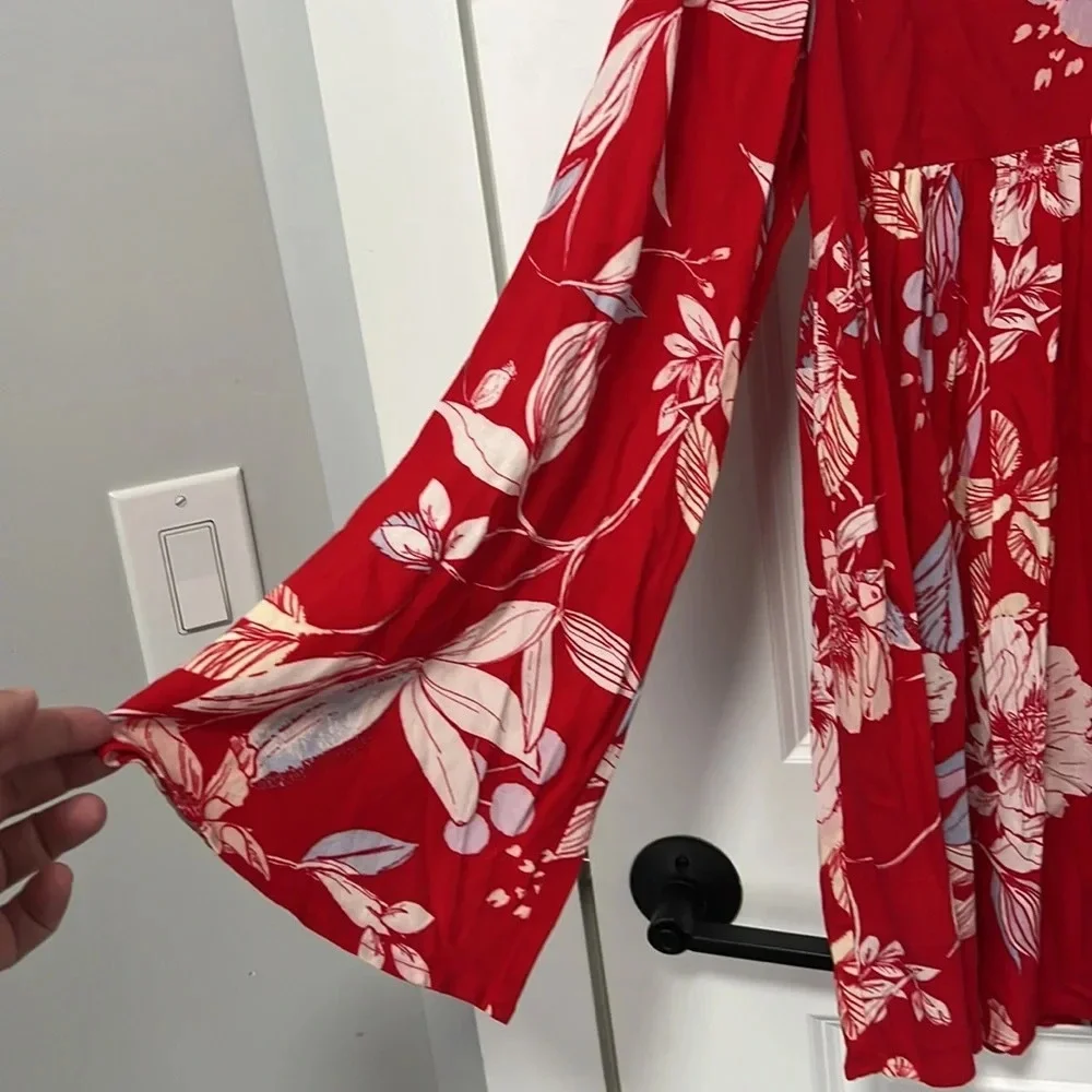 Free People Red Floral V-Neck Tunic